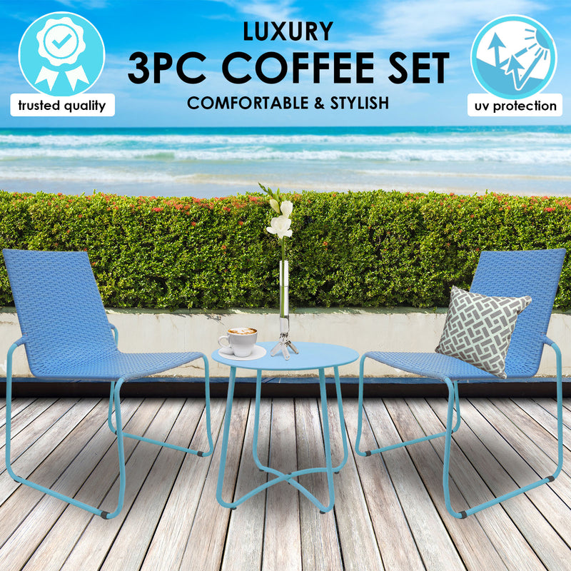 Milano 3pc Outdoor Furniture Steel/Rattan Coffee Table & Chairs Patio Garden Set - Blue