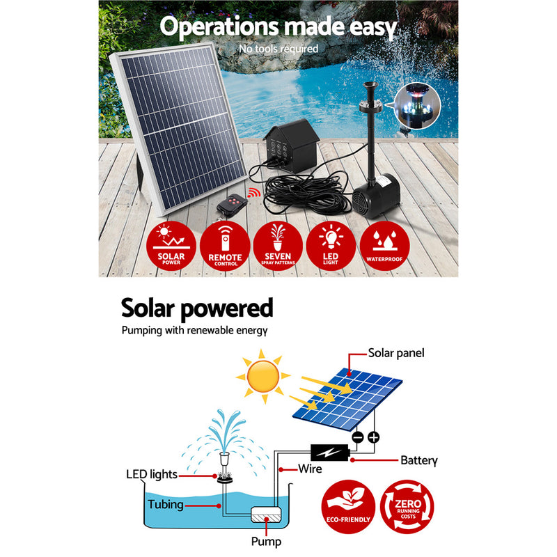 Solar Pond Pump with Battery Powered Submersible Kit LED Light & Remote 8.8 FT