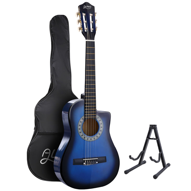 Alpha 34" Inch Guitar Classical Acoustic Cutaway Wooden Ideal Kids Gift Children 1/2 Size Blue with Capo Tuner