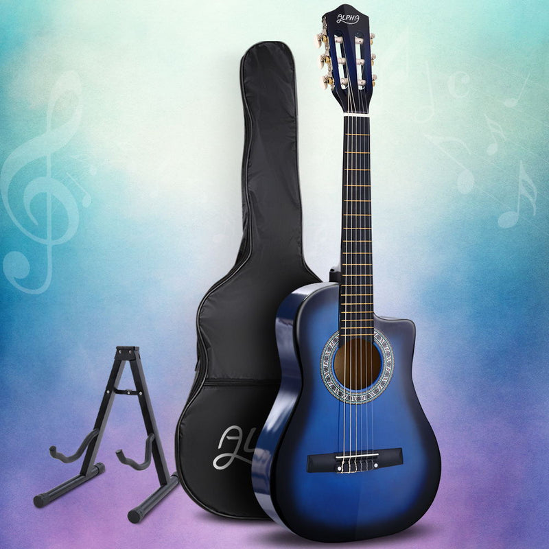 Alpha 34" Inch Guitar Classical Acoustic Cutaway Wooden Ideal Kids Gift Children 1/2 Size Blue with Capo Tuner