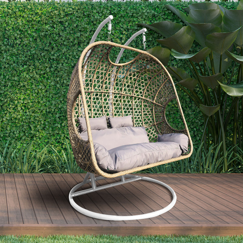 Arcadia Furniture 2 Seater Rocking Egg Chair Outdoor Wicker Rattan Patio Garden - Brown and Grey