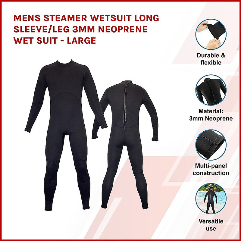 Mens Steamer Wetsuit Long Sleeve/Leg 3mm Neoprene Wet Suit - Large