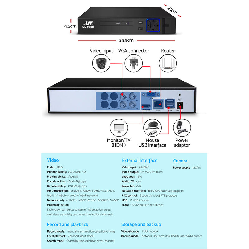 UL-Tech CCTV Security Camera Home System DVR 1080P IP Long Range 4 Dome Cameras