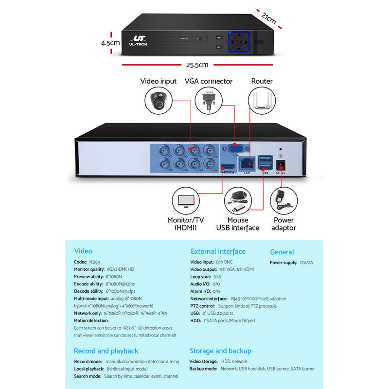 UL-Tech CCTV Camera Security System Home 8CH DVR 1080P 4 Dome cameras with 1TB Hard Drive