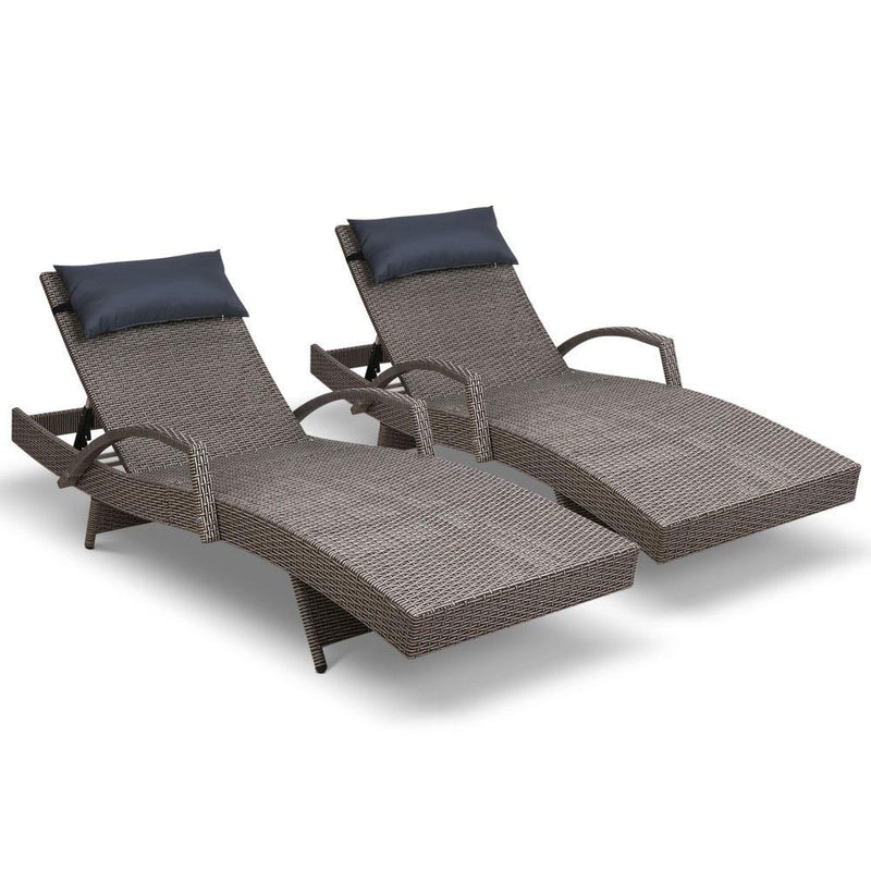 Gardeon Set of 2 Sun Lounge Outdoor Furniture Wicker Lounger Rattan Day Bed Garden Patio Grey