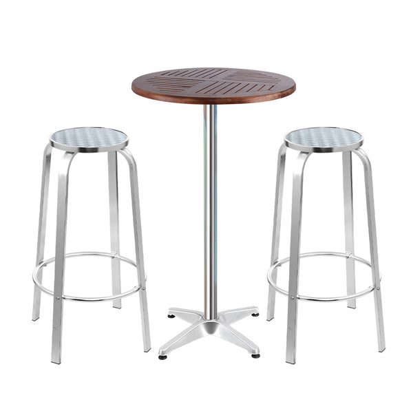 Gardeon Outdoor Bistro Set Bar Table Stools Adjustable Aluminium Cafe 3PC Wood