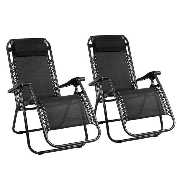 Gardeon Set of 2 Zero Gravity Chairs Reclining Outdoor Furniture Sun Lounge Folding Camping Lounger Black