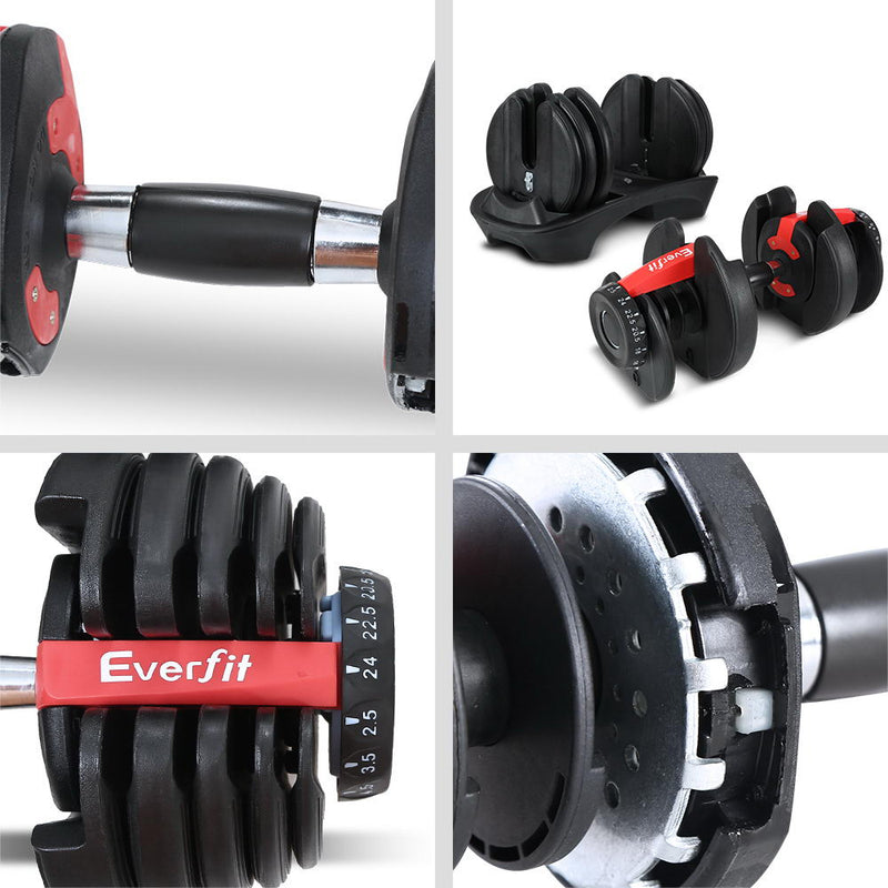 Everfit 24kg Adjustable Dumbbell Set Weight Dumbbells Plates Gym Exercise Fitness