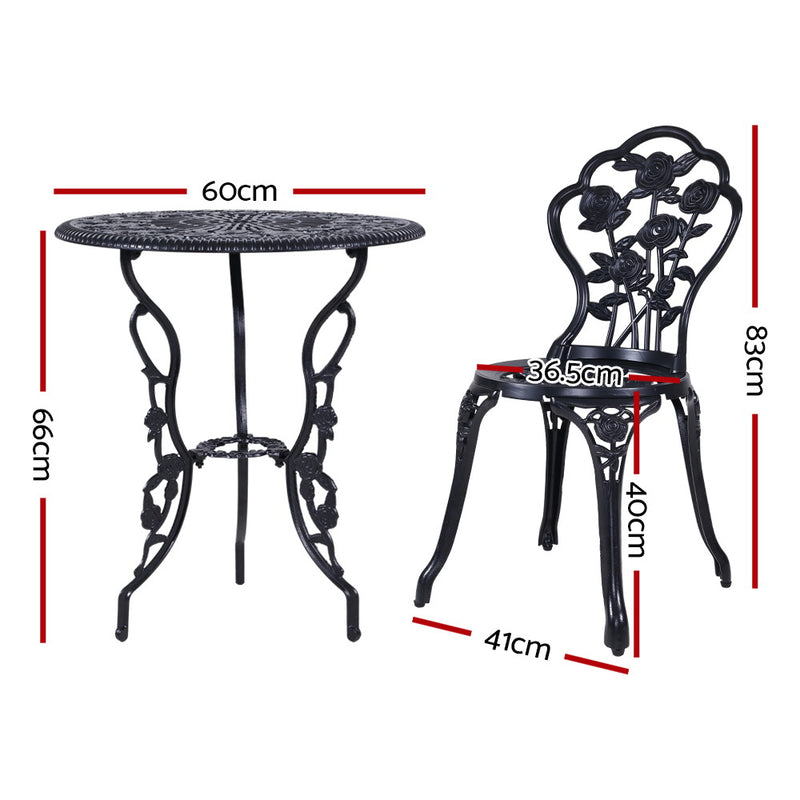 Gardeon 3PC Outdoor Setting Cast Aluminium Bistro Table Chair Patio Black