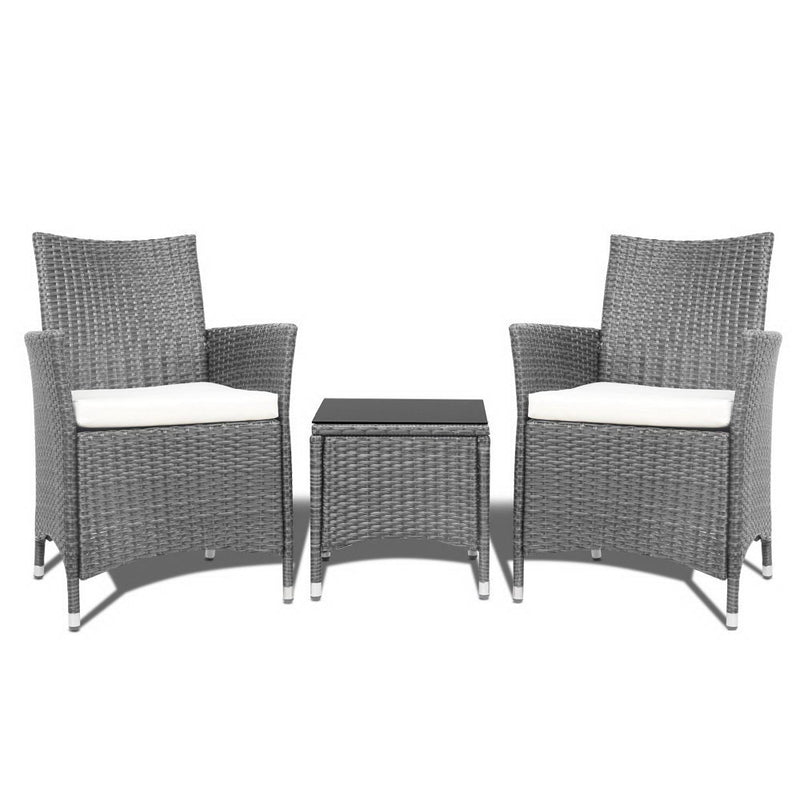 Gardeon 3pc Rattan Bistro Wicker Outdoor Furniture Set Grey