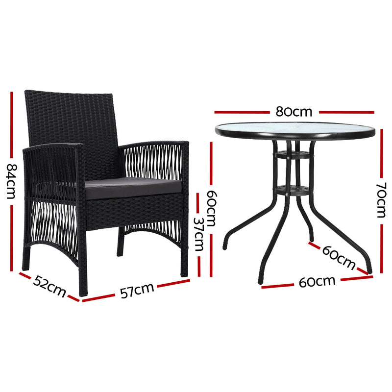 Gardeon Outdoor Furniture Dining Chairs Wicker Garden Patio Cushion Black 3PCS Tea Coffee Cafe Bar Set