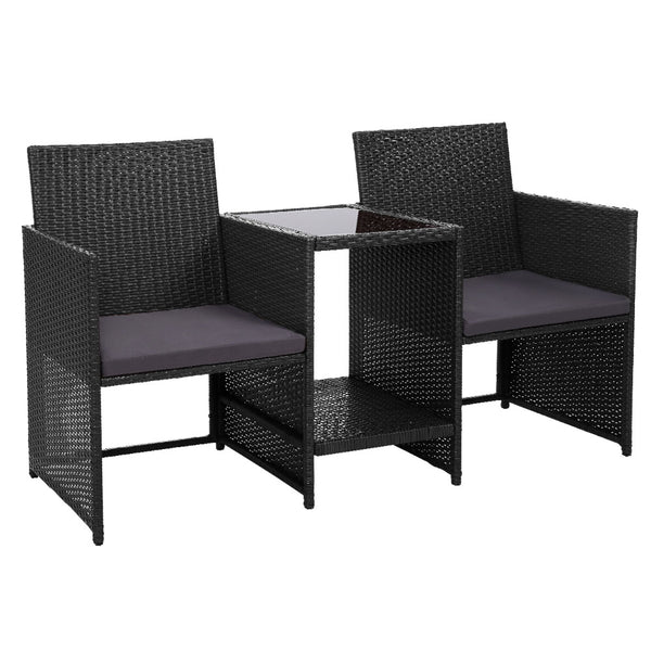 Gardeon Outdoor Setting Wicker Loveseat Bistro Set Patio Garden Furniture Black