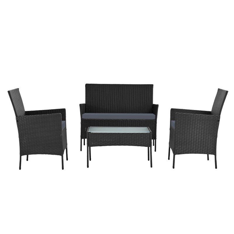 Gardeon 4 Seater Outdoor Sofa Set Wicker Setting Table Chair Furniture Black