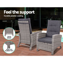 Gardeon 2PC Recliner Chairs Sun lounge Wicker Lounger Outdoor Furniture Adjustable Grey