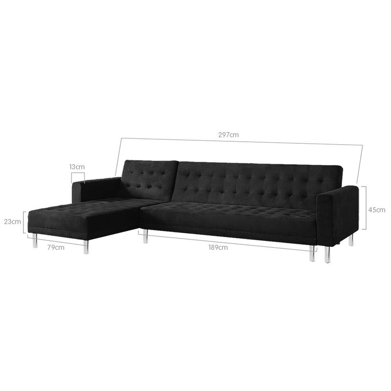 Sarantino Faux Velveteen Corner Wooden Sofa Bed Couch w/ Chaise Black
