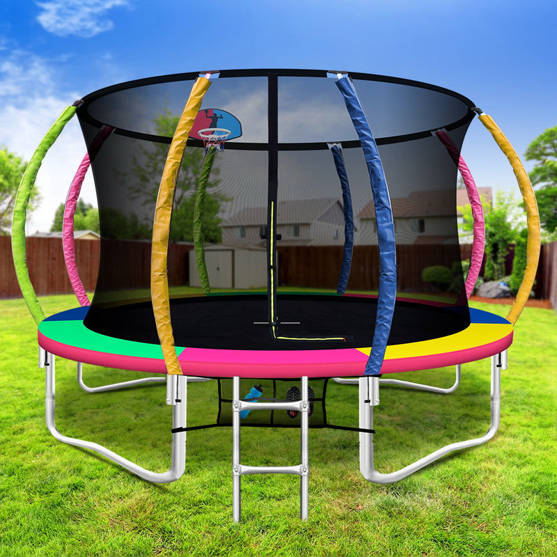 Everfit 12FT Trampoline Round Trampolines With Basketball Hoop Kids Present Gift Enclosure Safety Net Pad Outdoor Multi-coloured