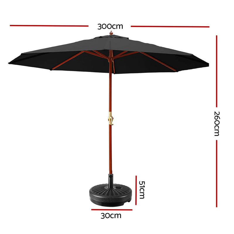 Instahut Outdoor Umbrella 3M with Base Pole Umbrellas Garden Stand Deck Black