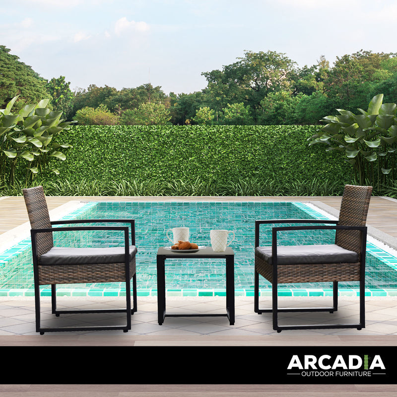 Arcadia Furniture Outdoor 3 Piece Wicker Rattan Patio Set Garden Patio Home - Oatmeal and Grey