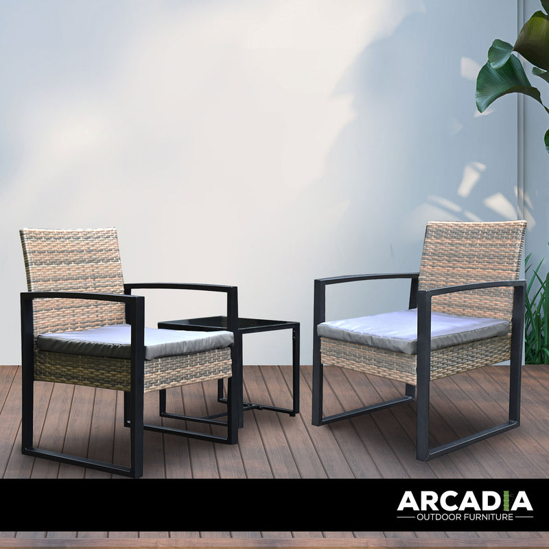 Arcadia Furniture Outdoor 3 Piece Wicker Rattan Patio Set Garden Patio Home - Oatmeal and Grey