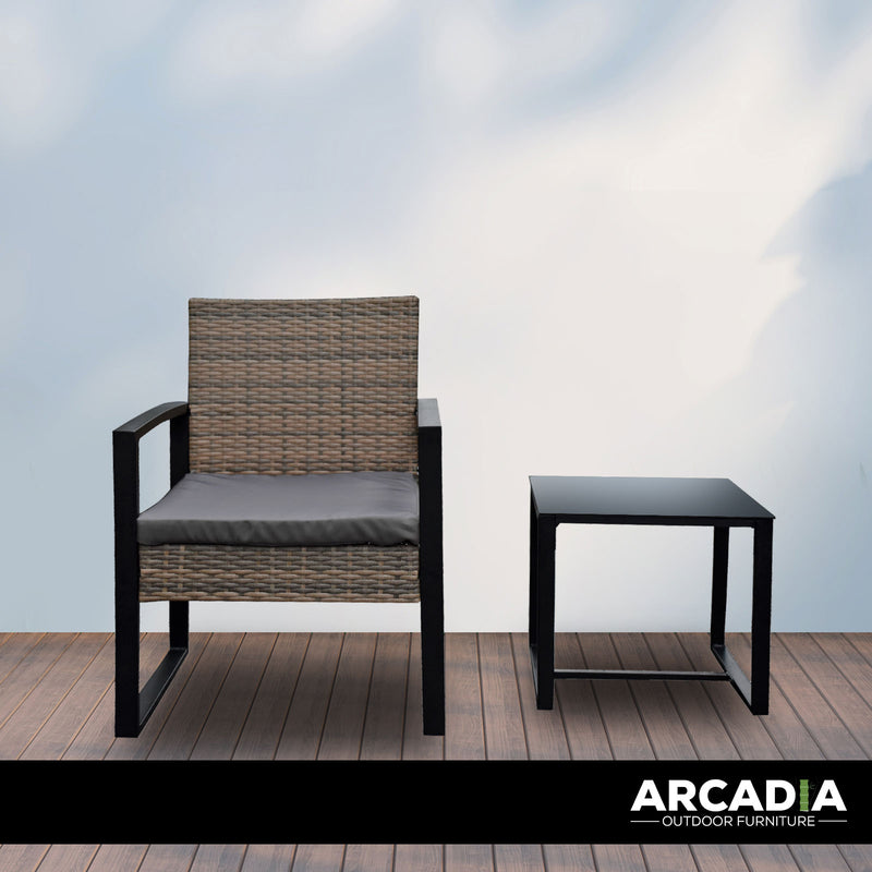 Arcadia Furniture Outdoor 3 Piece Wicker Rattan Patio Set Garden Patio Home - Oatmeal and Grey