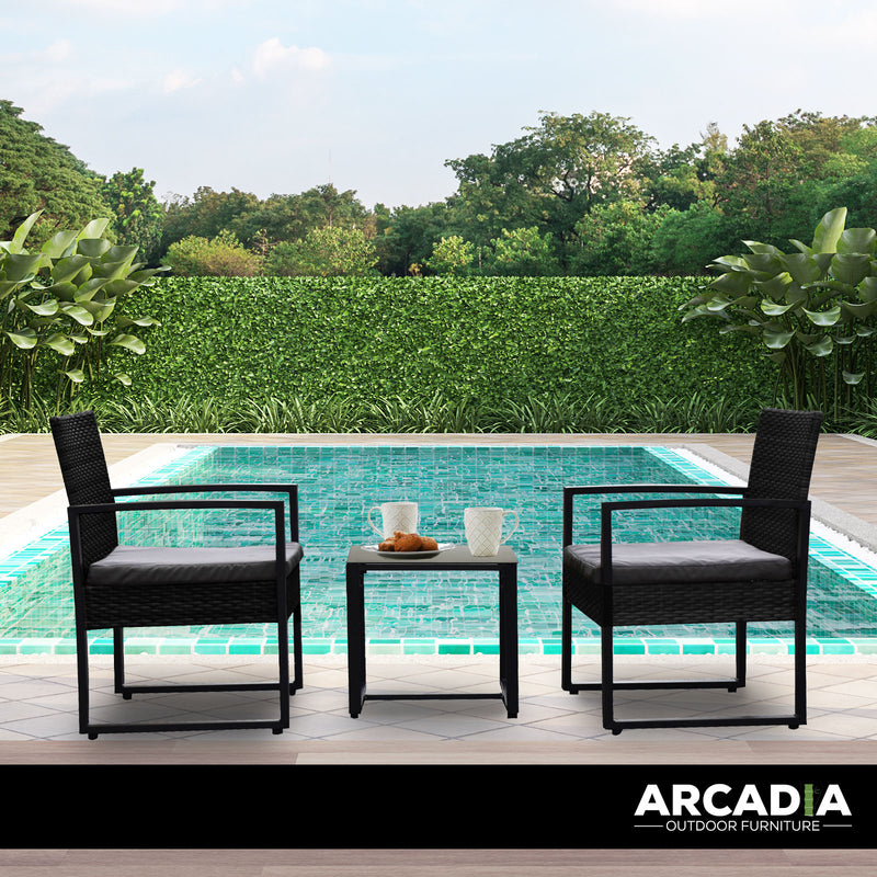 Arcadia Furniture Outdoor 3 Piece Wicker Rattan Patio Set Garden Patio Home - Black and Grey