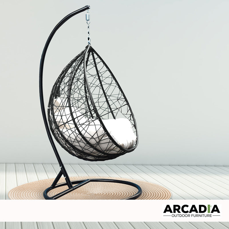 Arcadia Furniture Rocking Egg Chair Outdoor Wicker Rattan Patio Garden Tear Drop - Black and Cream