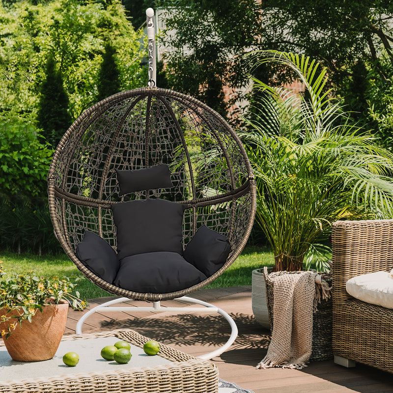 Arcadia Furniture Rocking Egg Chair Outdoor Wicker Rattan Patio Garden Circular - Oatmeal and Grey