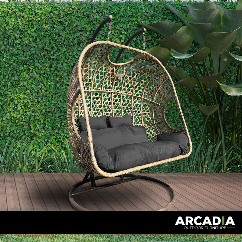 Arcadia Furniture 2 Seater Rocking Egg Chair Outdoor Wicker Rattan Patio Garden - Brown and Grey