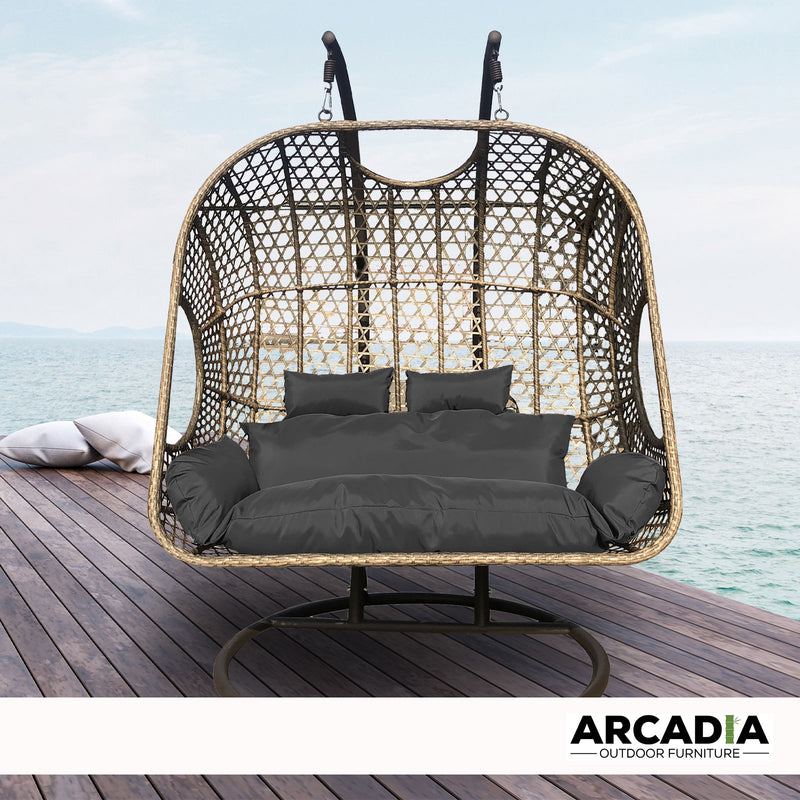 Arcadia Furniture 2 Seater Rocking Egg Chair Outdoor Wicker Rattan Patio Garden - Brown and Grey