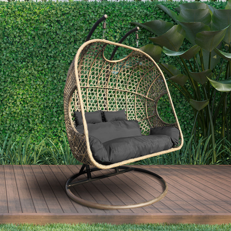 Arcadia Furniture 2 Seater Rocking Egg Chair Outdoor Wicker Rattan Patio Garden - Oatmeal and Grey