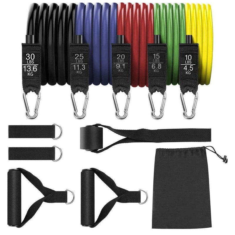 11 Piece Resistance Tube Bands Exercise Workout Bands Set Stackable With Handles & Bag