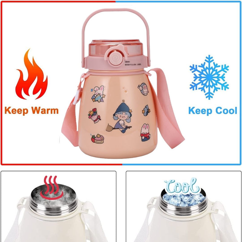 1000ml Large Water Bottle Stainless Steel Straw Water Jug with FREE Sticker Packs (Pink)