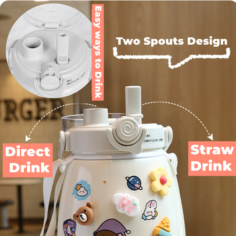 1000ml Large Water Bottle Stainless Steel Straw Water Jug with FREE Sticker Packs (White)