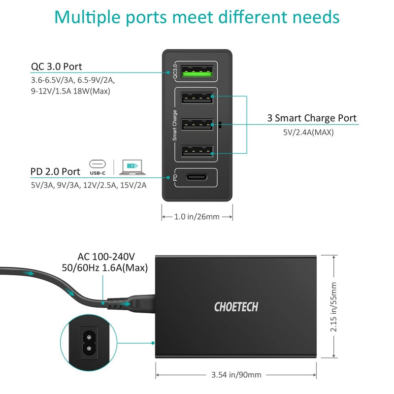CHOETECH Q34U2Q 5-Port 60W PD Charger with 30W Power Delivery and 18W Quick Charge 3.0