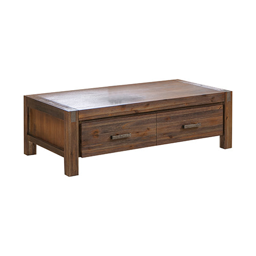 Coffee Table Solid Acacia Wood & Veneer 2 Drawers Storage Chocolate Colour