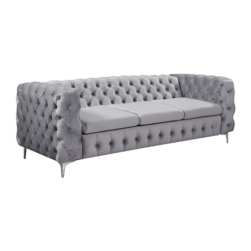 3 Seater Sofa Classic Button Tufted Lounge in Grey Velvet Fabric with Metal Legs