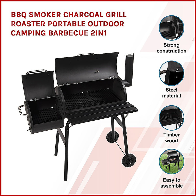 BBQ Smoker Charcoal Grill Roaster Portable Outdoor Camping Barbecue 2in1