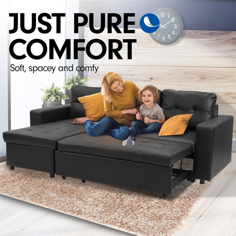Sarantino Corner Sofa Bed Storage Chaise Couch Faux Leather Black