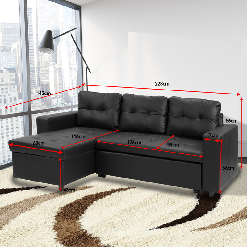 Sarantino Corner Sofa Bed Storage Chaise Couch Faux Leather Black