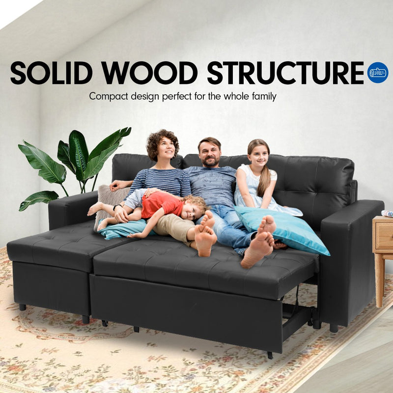 Sarantino Corner Sofa Bed Storage Chaise Couch Faux Leather Black
