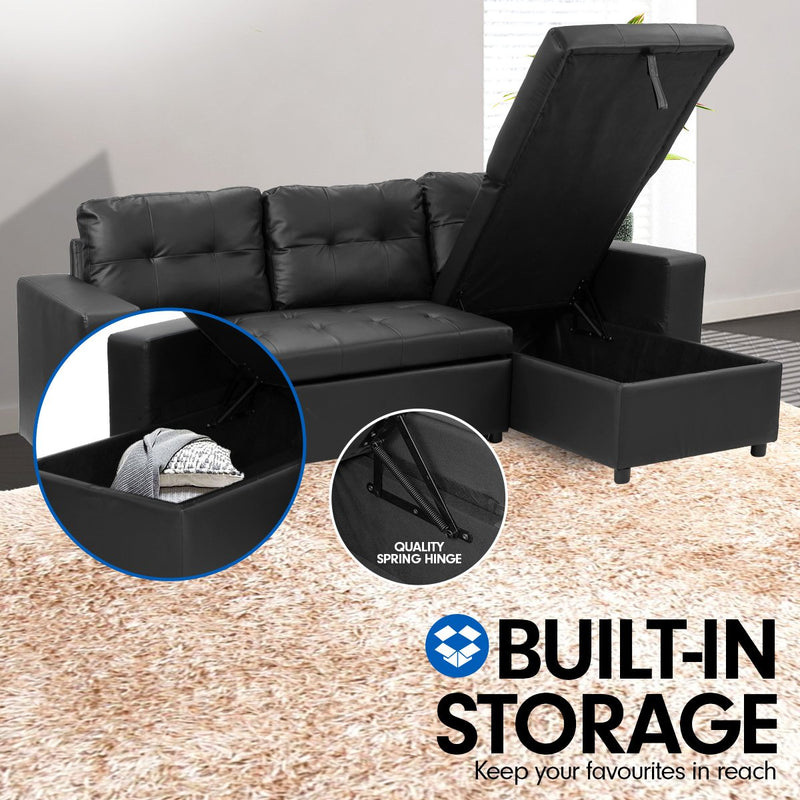 Sarantino Corner Sofa Bed Storage Chaise Couch Faux Leather Black