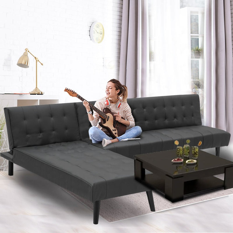 Sarantino 3-Seater Faux Leather Wooden Sofa Bed Chaise Sofa  Black
