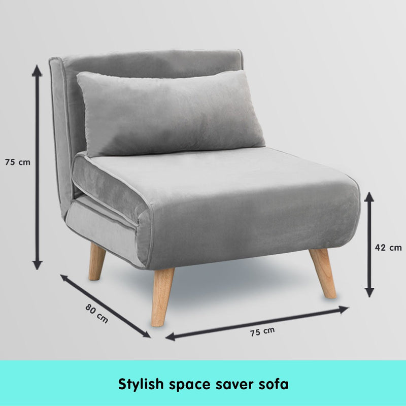 Sarantino Adjustable Chair Single Sofa Bed Faux Velvet - Light Grey