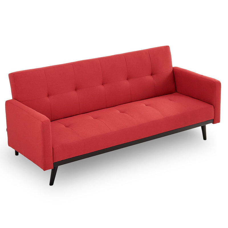 Sarantino Tufted Faux Linen 3-Seater Sofa Bed with Armrests - Red