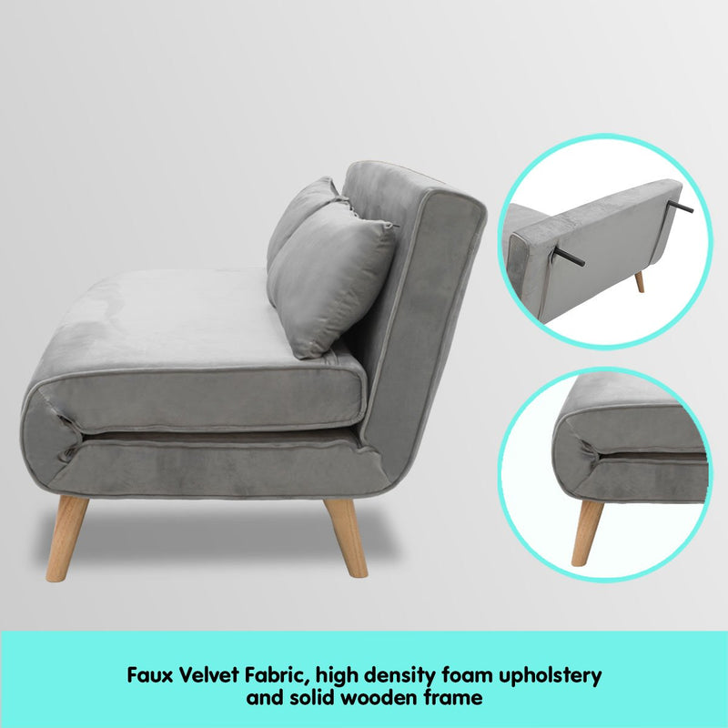 Sarantino 2-Seater Adjustable Sofa Bed Lounge Faux Velvet - Light Grey