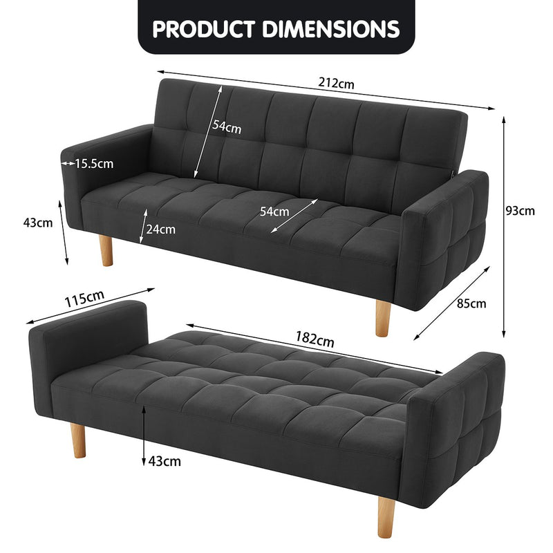 Sarantino 3-Seater Fabric Sofa Bed Futon - Black